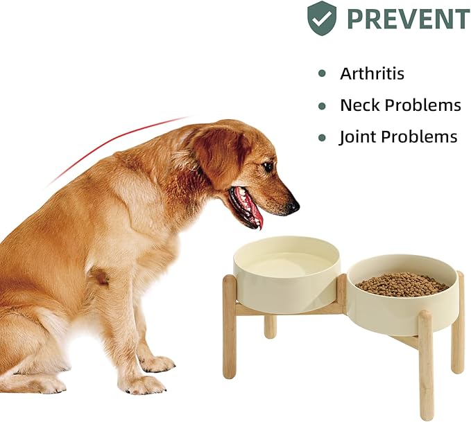 Havniva Ceramic 8.2inch Raised Dog Bowl with Stand for Large- Breed Dogs, Pet Food and Water Feeder (Double Bowl with Stand - Light Yellow)