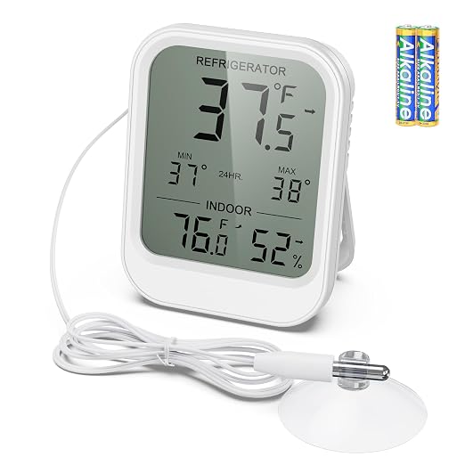 AMIR Digital Fridge Thermometer with Probe, LCD Display, Max/Min Records, Alarm, Digital Thermometer with External Sensor, Magnet, Suction Cup Freezer for Aquarium,Refrigerator,Freeze
