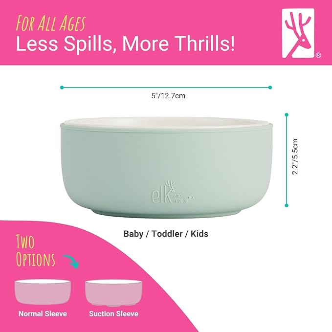 Elk and Friends Kids Porcelain Bowls with Silicone Sleeves | Suitable for Babies/Toddlers | Microwave & Dishwasher Safe | Non Slip Dinnerware | Snack Dishes | 4 Pack