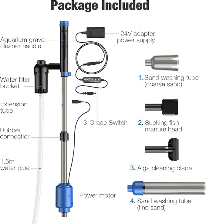 bedee Aquarium Vacuum Gravel Cleaner, 24W Electric Fish Tank Cleaner Vacuum, 6 in 1 Multifunctional Aquarium Cleaner for Automatic Water Change, Wash Sand, Water Circulation and Timed Off
