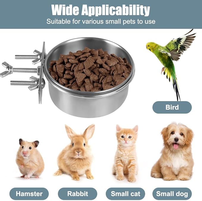 Bird Feeding Dish Cups,Stainless Steel Birdcage Coop Water Feeder with Clamp Holder for Birds,Parrots,Cockatiel,Parakeet,Macaw,Finches, Lovebirds,Small Animals