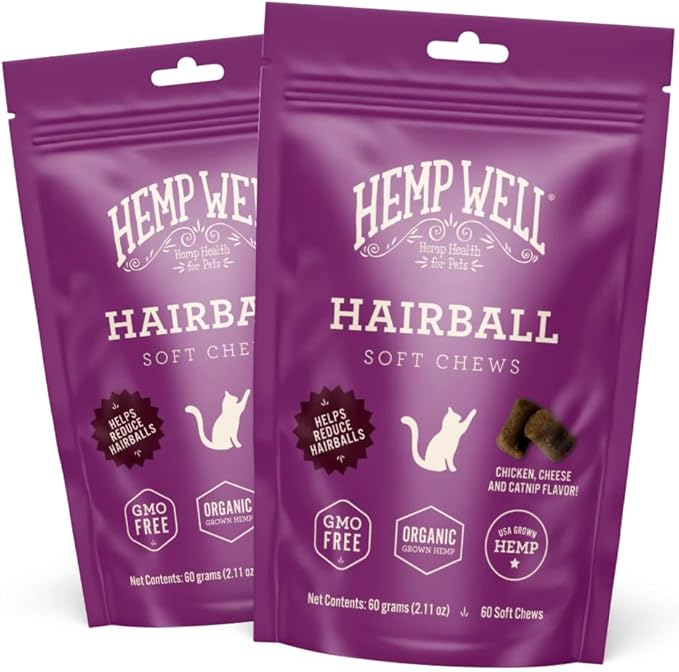 Hemp Well Cat Hairball Soft Chews for Cats, Hairball Control & Digestive Support, Organic Hemp Seed Powder, Pumpkin Seed & Psyllium Fiber, Skin & Coat Support, Chicken Cheese & Catnip Flavor, 120 Ct