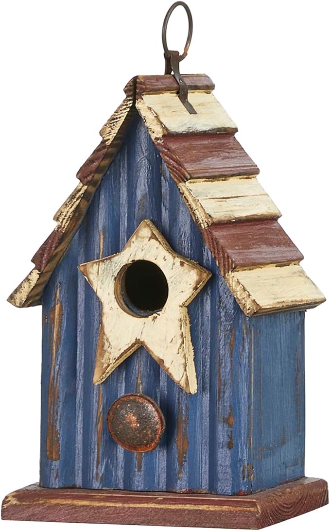 Glitzhome Birdhouses for Outdoors, 9" H Patriotic Hanging Bird House Distressed Solid Wood Cottage Design with 3D Star, Garden Birdhouse for Bluebird Hummingbird Wren Finch Cardinals Cedar