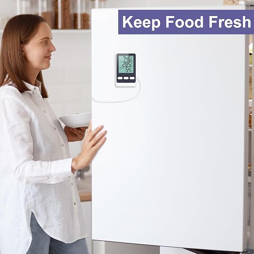 Refrigerator Thermometer with External Sensor, LCD Display Indoor Temperature and Humidity Gauge, Fridge and Freezer Thermometer, Max/Min Temperature in 24H, for Aquarium, Refrigerator, Freezer