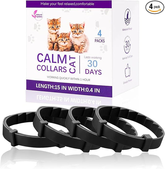 4-Pack Cat Calming Collar, Breakaway Cat Collar for Kittens to Large Cats, 4-Week Long Lasting, for Cat Anxiety Relief, Ideal for Indoor Cats(Black)