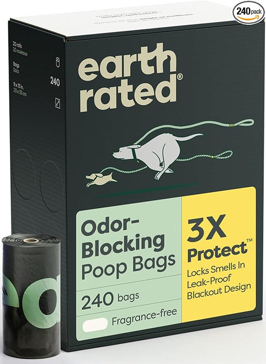 Earth Rated 3X Protect Dog Poop Bag Rolls, Odor Blocking Leak Proof Extra Thick, Unscented, 240 Count