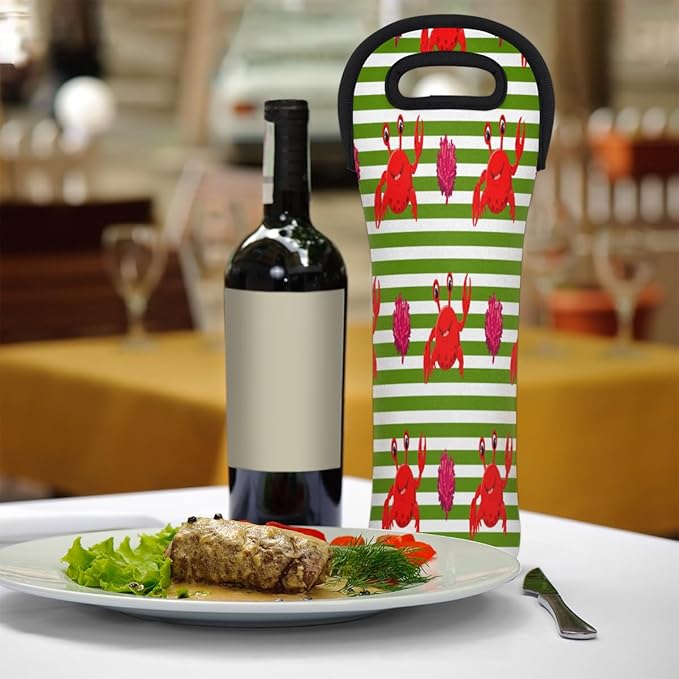 Red Crabs Stripes Wine Bag Single Bottle Wine Tote Bag Neoprene Wine Carrier Bags with Carry Handle Portable Wine Bottle Holder for Travel Party Picnic
