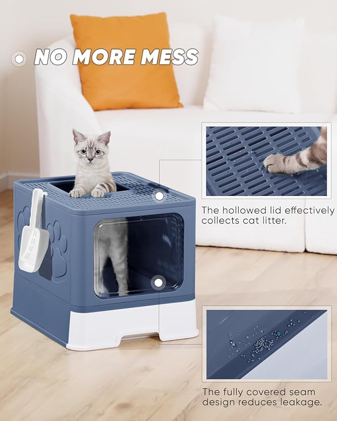 Covered Litter Box, Large Litter Box for Big Cats, Enclosed Cat Litter Boxes with Lid, Top Entry Kitty Litter Box with Scoop, Odor Control, Easy to Clean (Blue)