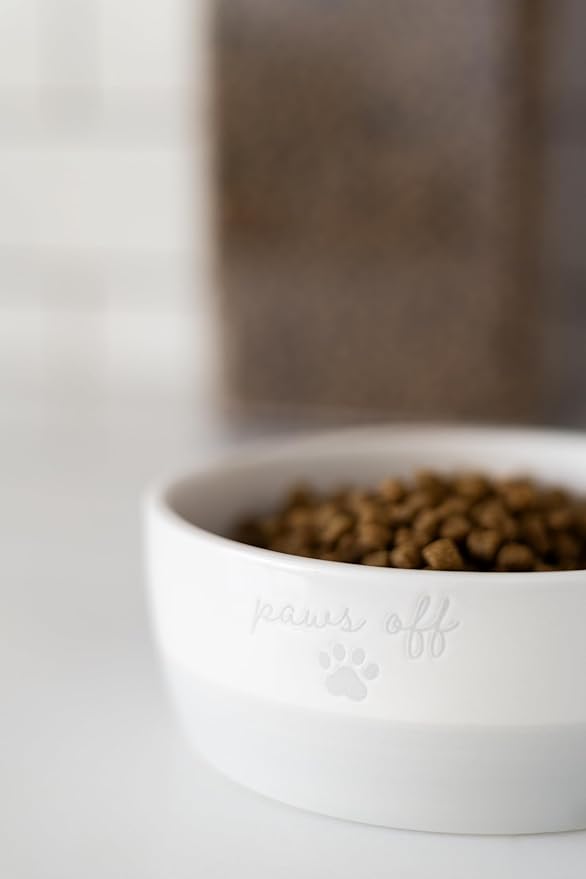 Pearhead Paws Off Ceramic Cat Bowl, Holds 1.3 Cups, Small Food and Water Bowl for Cats, Pet Dish, Microwave and Dishwasher Safe (Pack of 2)
