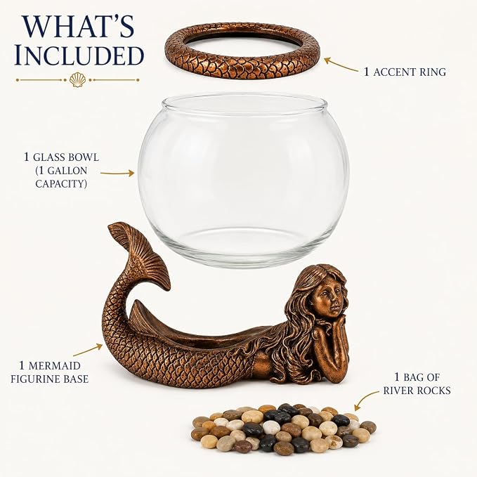 Mystical Mermaid Fish Bowl Décor – 1 Gallon Glass Aquarium, Terrarium & Candle Holder with Antiqued Bronze Mermaid Figurine, Decorative Tabletop Bowl for Home or Office