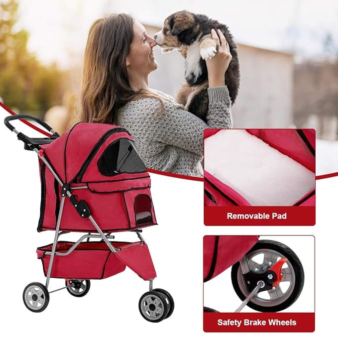 BestPet 3 Wheels Pet Dog Stroller Cat Cage for Medium Small Dogs Cats Travel Folding Carrier Waterproof Puppy Stroller with Cup Holder & Removable Liner,Red