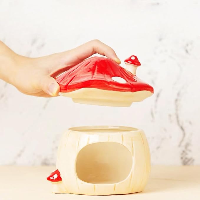 Large Hamster Habitat Hideout (Ceramic) Cute Mushroom House Shape, Hamster House and Habitat Decor for Small Pets
