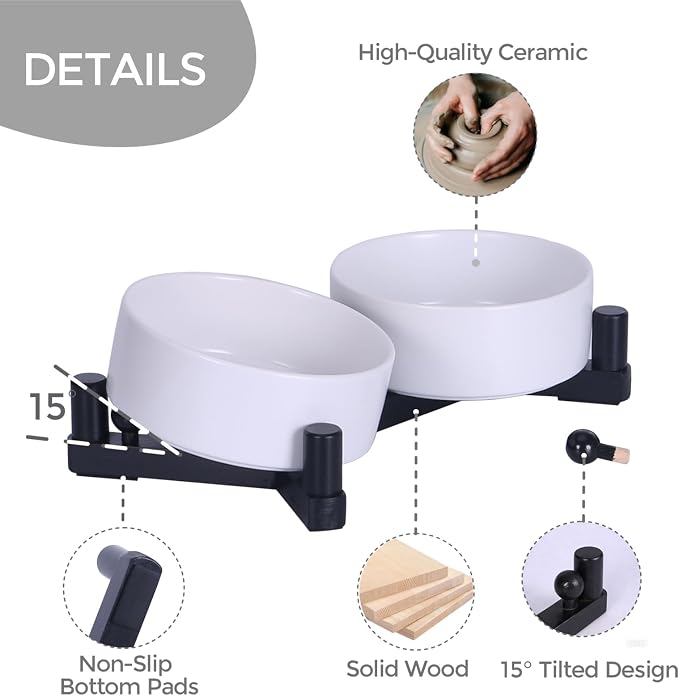 Elevated Ceramic Dog Bowls for Small Dogs, Raised Dog Bowl Set with Adjustable Wood Stand, Non-Slip Pet Feeding Station, Food & Water Bowls for Cats & Small Dogs 13.5oz (White)