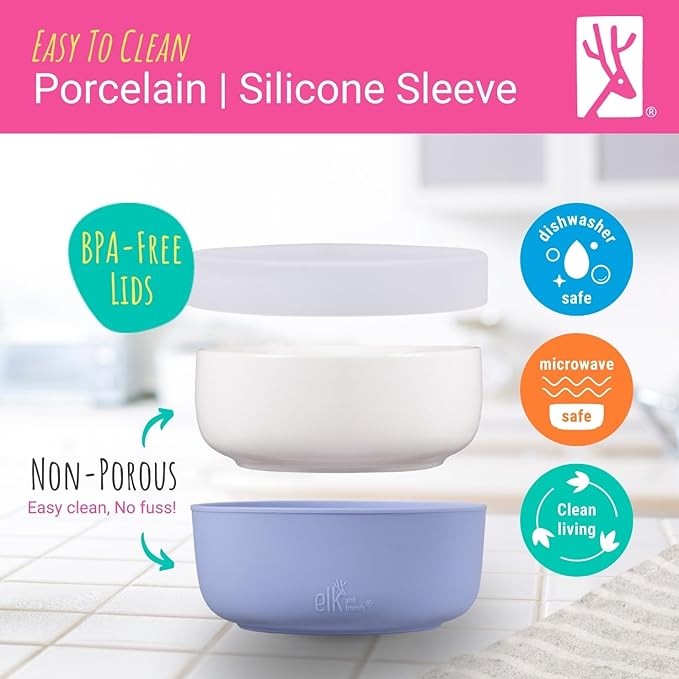 Elk and Friends Kids Porcelain Bowls with Silicone Suction Sleeves | Lids Included | Suitable for Babies/Toddlers | Microwave & Dishwasher Safe | Stay Put Dinnerware | Snack Dishes | 4 Pack