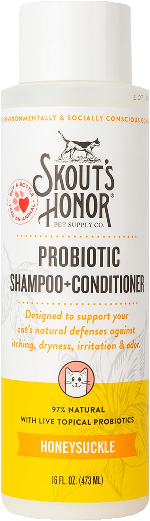 SKOUT'S HONOR Probiotic Cat Shampoo & Conditioner with Avocado Oil & Omega-3s, 97% Natural, Paraben & Sulfate-Free, Cruelty-Free, Defend Against Itch, Dryness, Irritation, 16oz, Honeysuckle