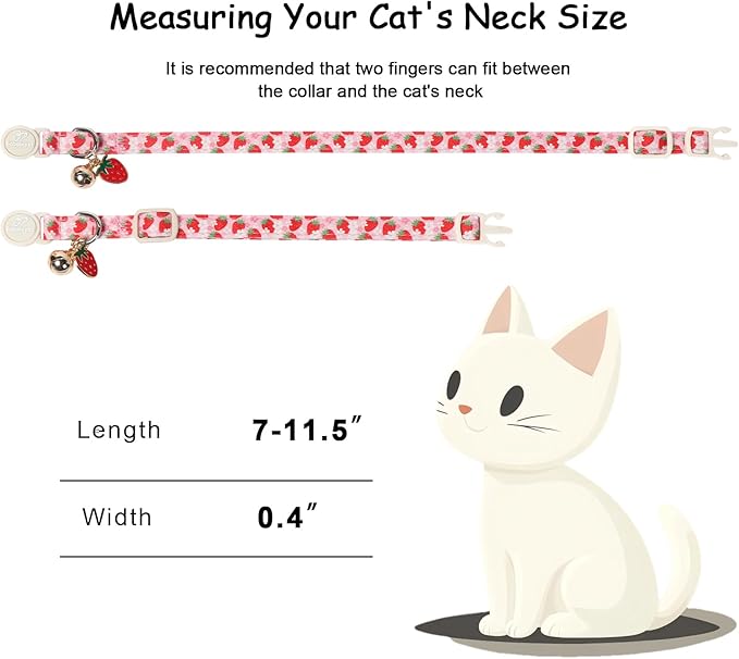 2 Pack Pink Cat Collars - Cute Strawberry & Bow Breakaway Cat Collars, Adjustable Girly Pink Kitten Collar for Small Dogs Puppy, Spring Summer Pet Safety Collar with Bell & Pendant
