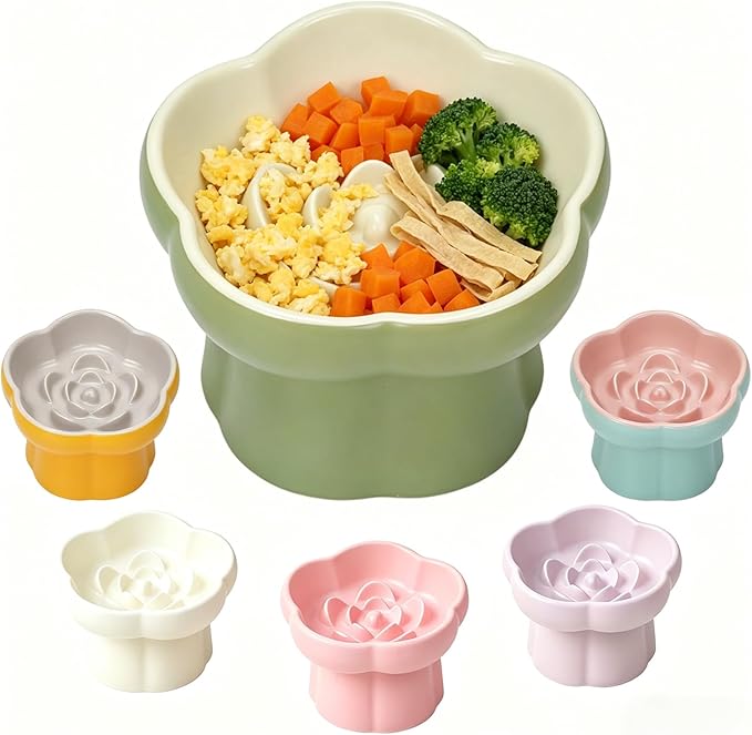 Cat Slow Feeder Flower-Shaped Ceramic Slow Feeder Cat Bowl, Tilted Raised Cat Slow Feeder Bowl for Whisker Relief, Prevents Vomiting & Bloating, Non-Slip Base