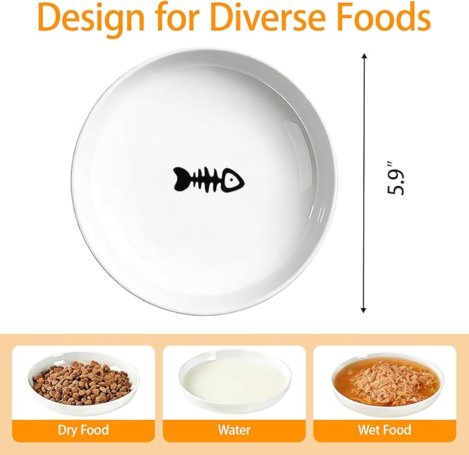 Non-Slip Cat Food Bowls - 3 Pack Whisker Fatigue Ceramic Cats Dishes Set for Indoor Cats, Shallow Wide Kitten Plates for Wet Food and Water, Microwave & Dishwasher Safe