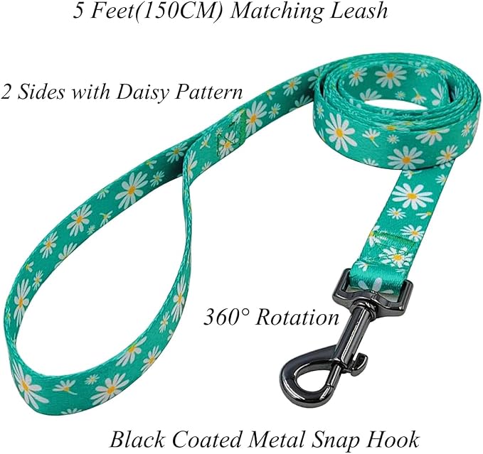 Dog Collar Leash Set, Floral Pattern, Polyester Material, Adjustable Collar and 5ft Matching Leash, for Puppy Dogs.(XS, Green Daisy)