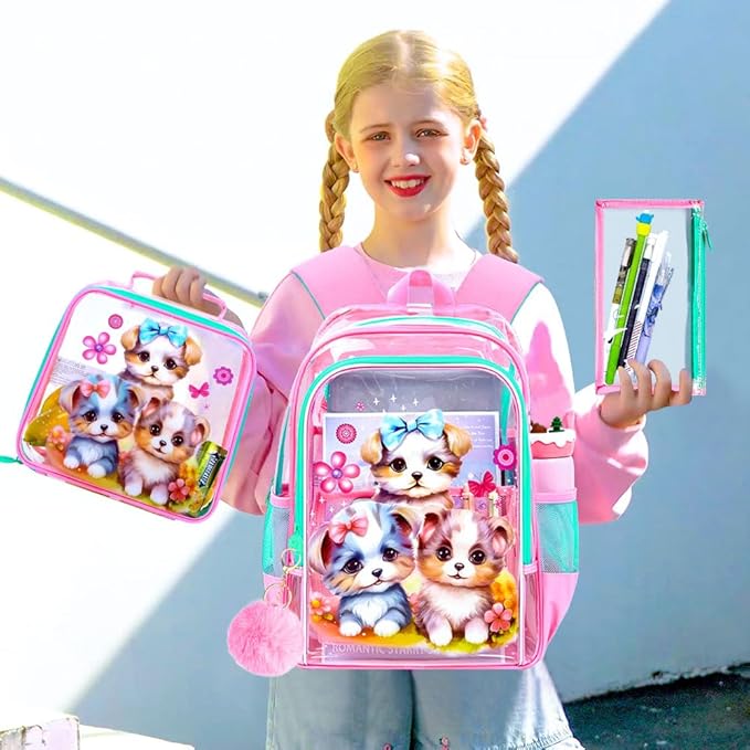 Clear Backpack for Girls and Boys, Kids Transparent Bookbag, 3PCS Cute See Through School Bag for Elementary Prechool