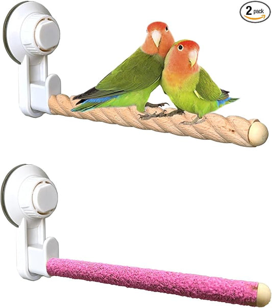 2Pcs Bird Perch With Suction Cup, Wooden Parrot Stand, Shower and Window Perch, Grinding Stick Training Toys, Wall Bath Car Travel Stand for Small and Medium Birds