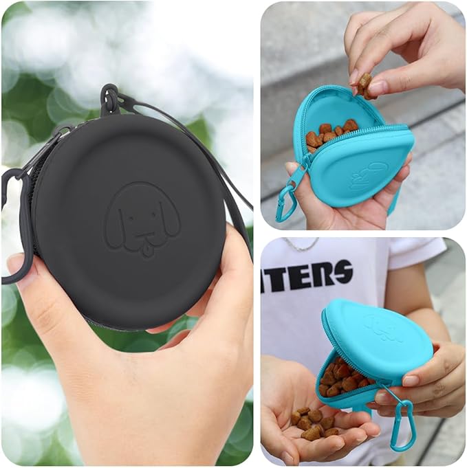 Silicone Dog Treat Pouch Small Bag,2PCS Pet Walking Bag for Dog and Cat,Pocket Size,Easy to Clean, Odorless, Zipper Design,Moisture-Proof,Travel Walking Bag,Portable Training Bag(Lake Blue&Black)