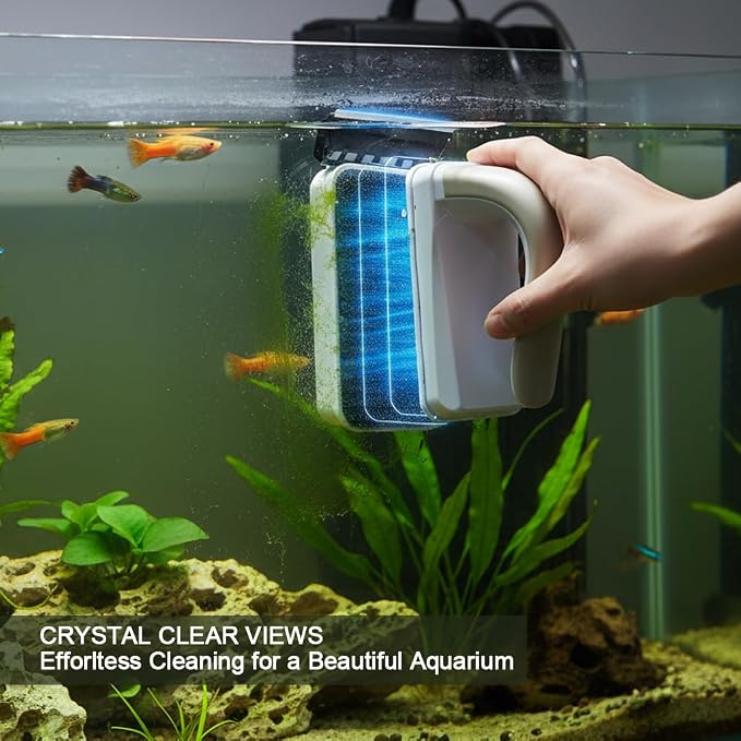 Large Magnetic Aquarium Glass Cleaner, Double Sided Floating Fish Tank Scrubber with Removable Handle & Titanium Blade Algae Scraper, Strong Magnet Tool for Removing Algae, Fits 1/4 to 1/2 Inch Thick
