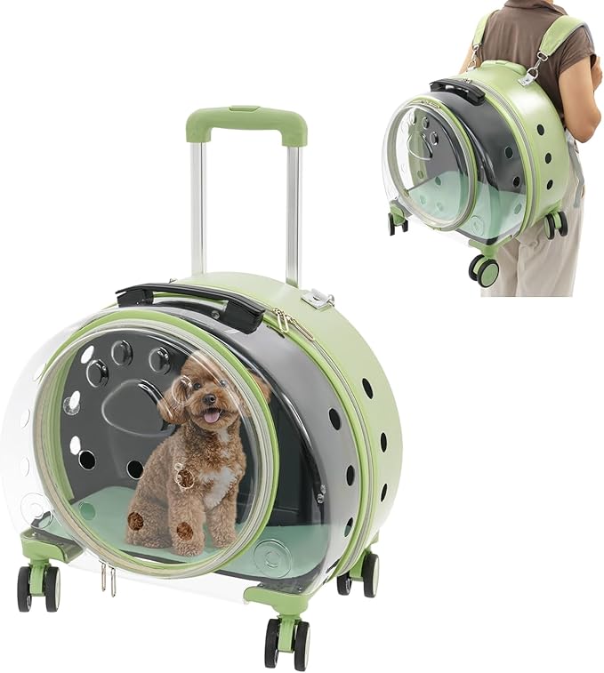 Cat Carrier with Wheels, Breathable Cat Rolling Carrier with Telescopic Handle, Bubble Cat Backpack Carrier, Pet Travel Bag for Small Dogs Pets, up to 19lbs, 15.7" x 10.6" x 17.7" (Green)