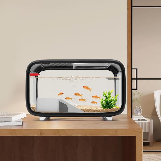 Desktop Fish Tank, 3.17 Gal Modern Aquarium Kit, Fish Bowl with Clear View Cover, Top Feeding Hole and Built-in Climbing Frame, for Small Aquatic Pets, Turtles, Shrimp Home Office Use