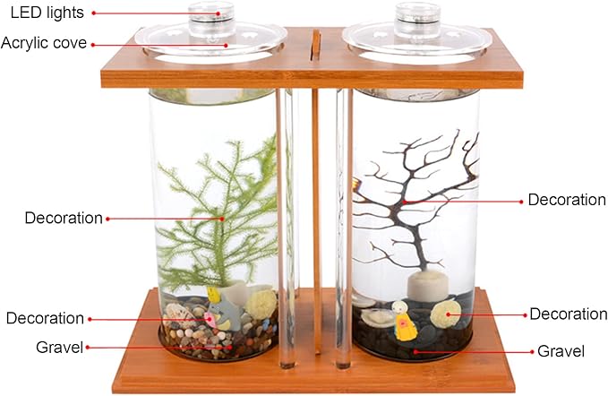 Creative Bamboo Wood Ecological Fish Tank Dual Glass Desktop Mini DIY Goldfish Betta Fish Tank Micro Landscape Tank Aquarium Small Fish Tank