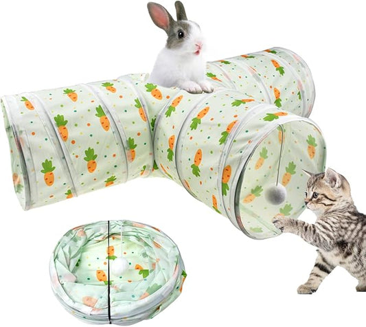 Bunny Rabbit Tunnels Rabbit Cat 3 Way Collapsible Tunnel with Cute Carrot Patterns Small Pet Hideout Activity Tunnel Tube Toy for Bunny Kitten Cat Dwarf Guinea Pig T Shape