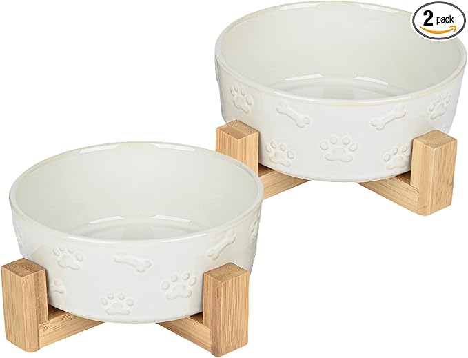 Ceramic Dog Bowls with Stand, 6.5 inch Dog Food Water Bowl Set for Medium Small Dogs Pet Dishes Set of 2, White with Cute Pattern