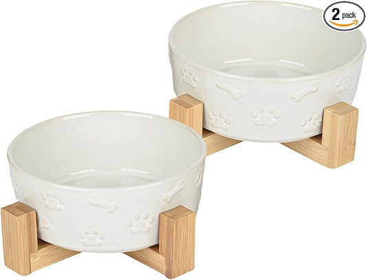 Ceramic Dog Bowls with Stand, 6.5 inch Dog Food Water Bowl Set for Medium Small Dogs Pet Dishes Set of 2, White with Cute Pattern