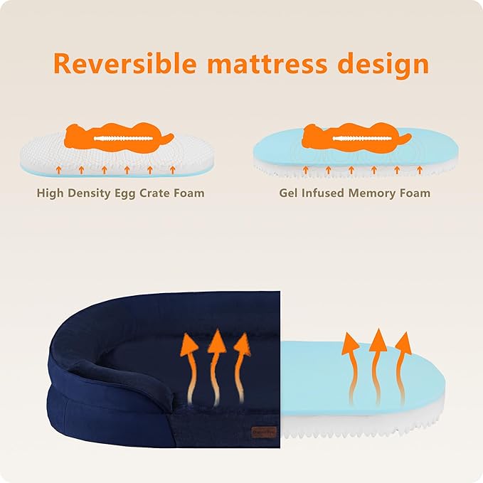 Dwanton Orthopedic Dog Bed for Medium Dogs with Gel Memory Foam, Waterproof Dog Sofa, Washable Pet Bed with Four Sided Bolster Cushion, Removable Cover & Non-Slip Bottom, 36", Navy Blue