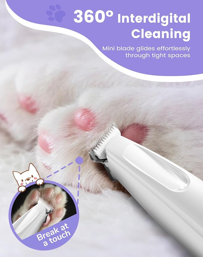 PAPMINI Dog Paw Trimmer with LED Light, 35dB Low Noise Paw Trimmers for Dog's Feet, 2 Speed Safety Electric Dog Clippers for Grooming, Rechargeable Cat Shaver for Paws, Ears, Face, Rump (White)