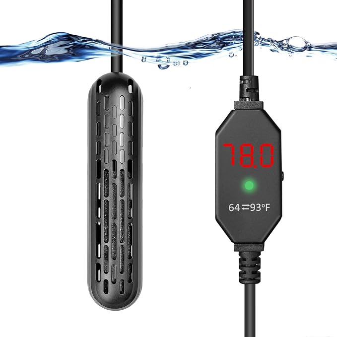 YukiHalu Aquarium Heater 25/50/100/150W with Protective Cover, Mini Fish Tank Heater with External Controller, Temperature Adjustable, Digital Display, Used for 5/10/20/30 Gallons (150W-30Gallon)