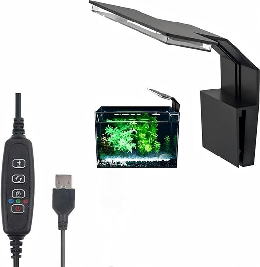 7W Nano Aquarium Light Clip-On Fish Tank Light with Timer & 9-Level Dimming&3 Colors for 1-5 Gallon Tanks, USB LED Full Spectrum Light (Adapter Not Included)