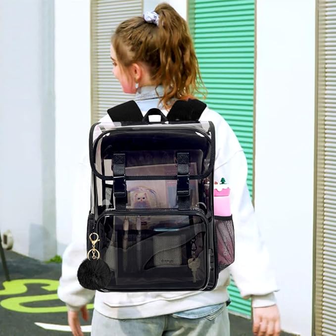 17" Flip Top Clear Backpack, Stadium Approved 3Pcs Set, Heavy Duty Transparent Bookbag for Gym/Concert (Dark Black)