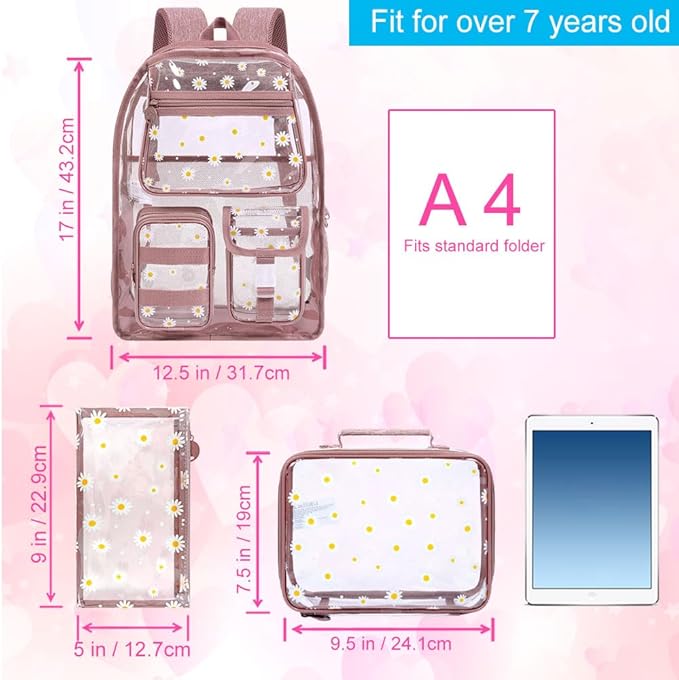 CCJPX 3Pcs Clear Backpack for Girls, School Transparent Bookbag, Heavy Duty See Through Backpacks for Teens Elementary