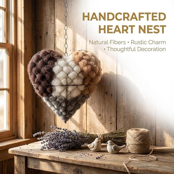 Handmade Alpaca Fiber Bird Nest Heart - Natural Nesting Material, Winter Nesting Material for Wild Birds and Hummingbirds | Garden Decoration, a Gift for Bird Lovers.
