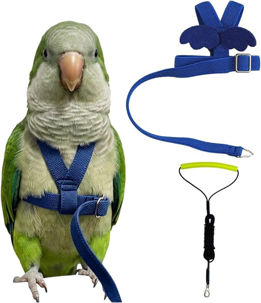 Adjustable Bird Harness with Elastic Leash, Pet Parrot Harness and Leash, Adjustable Training Design Anti-Bite, Bird Nylon Rope with Cute Wing for Conure (Deep Blue,L)