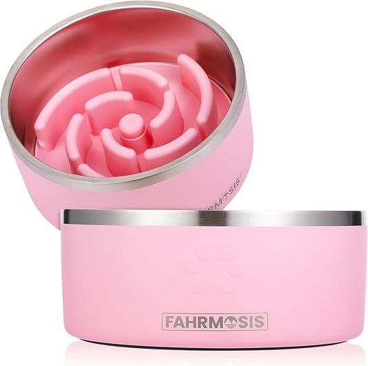 FAHRMOSIS 64 OZ Dog Bowl with Slow Feeder Insert Stainless Steel Pet Water Bowl for Medium & Large Breed Non Slip Rubber Base & Plastic Puzzle Feeder - Pink