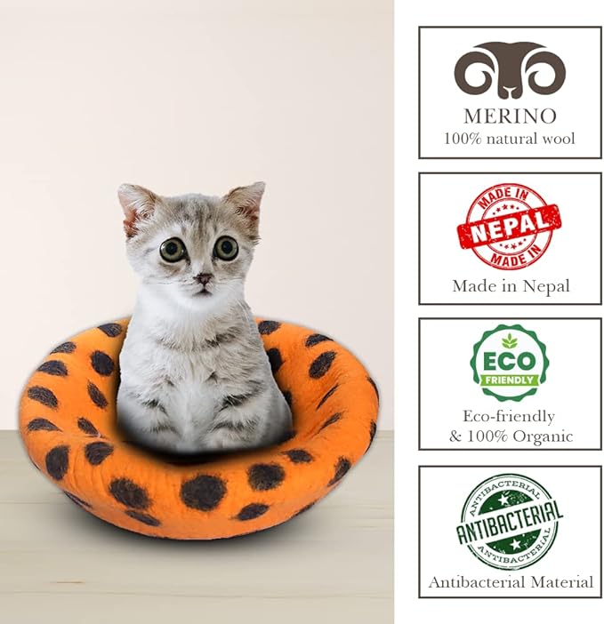 Woolygon Premium Felt Cat Cave Bed – Wool Kitty Beds Handcrafted Kitten Caves Bed for Indoor Cats - Made from Merino Wool, Foldable Cat Hideaway Covered Cat House Pod (Orange Polka)