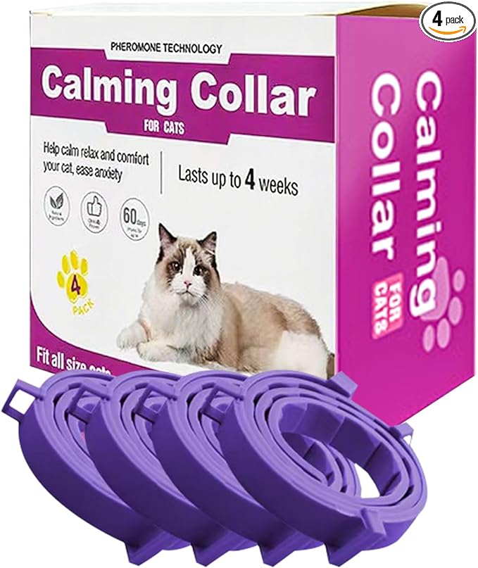 Cat Calming Collar, 15-Inch Adjustable, 60-Day Stress Relief, Purple, 4-Pack