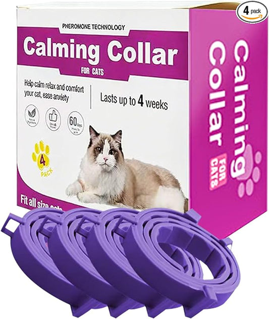 Cat Calming Collar, 15-Inch Adjustable, 60-Day Stress Relief, Purple, 4-Pack