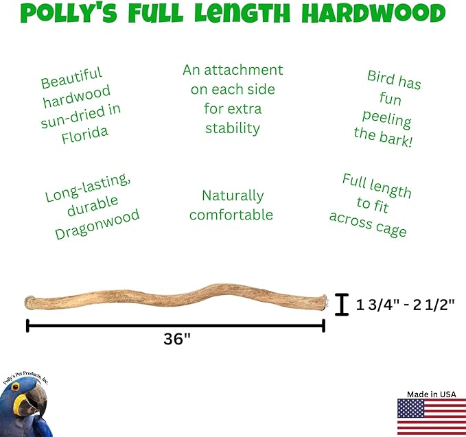 Polly's Full Length Hardwood Bird Perch, 36-Inch