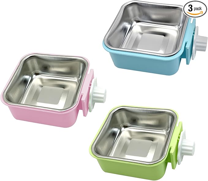 kathson Crate Dog Bowl, Removable Stainless Steel Hanging Pet Kennel Cage Bowl Food & Water Feeder Coop Cup for Puppy, Cat, Rabbit, Guinea Pigs 3pcs Small Square(Blue, Green, and Pink)