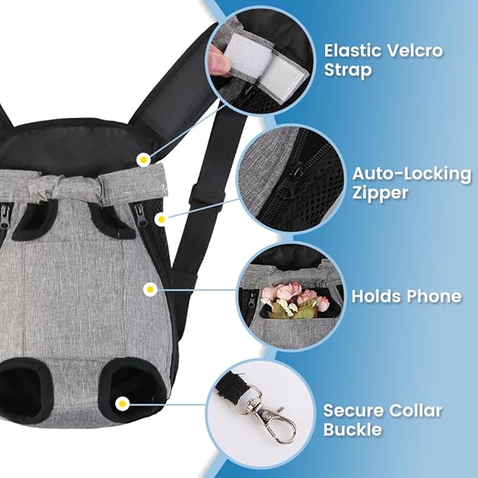 Dog Backpack Carrier, Front Pocket for Essentials, Pet Sling Front Backpacks for Small Medium Dogs 7-11 Lbs, Legs Out, Adjustable Wearable Puppy Chest Travel Bag, Easy-Fit for Hiking/Walking/Camping