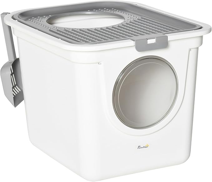PawHut Cat Litter Box with Lid, Covered Kitty Litter Box with Front Entrance, Top Exit, Scoop, Easy Cleaning Cat Toilet for Odor Control, Privacy, White