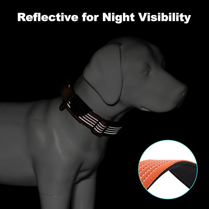 Plutus Pet Tactical Dog Collar with Tracker Pocket for AirTag, Adjustable Reflective Nylon Collar, Metal Buckle, Leather-Wrapped Handle, Soft Padded for Medium Large Dogs (Orange, M)